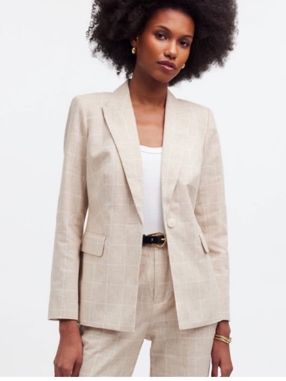 Madewell Linen/Cotton The Slim Blazer in Plaid Women’s 4 Beige Single Breasted